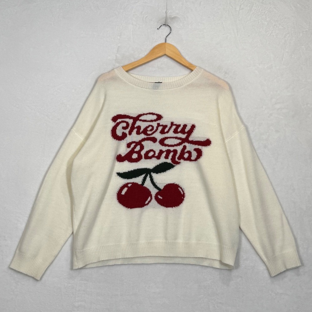 Romwe White Cherry Bomb Graphic Knit Sweater Medium